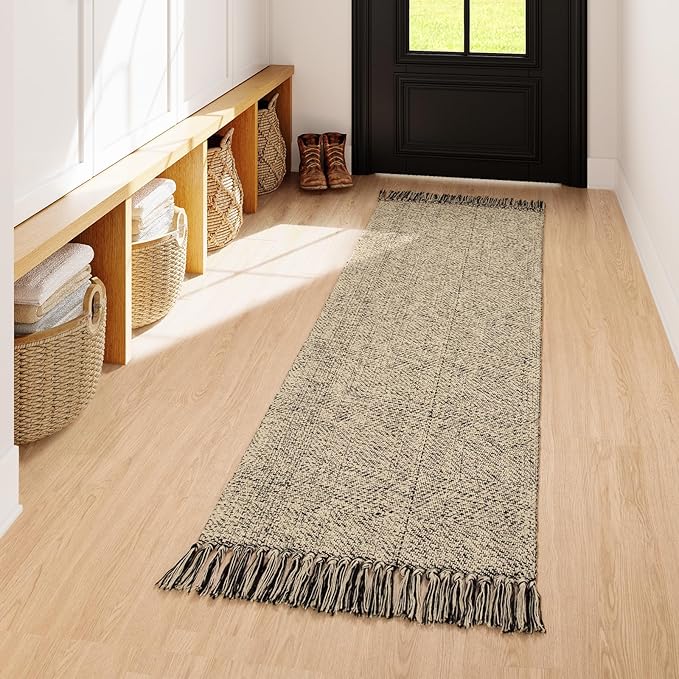 Collive Farmhouse Hallway Runner Rug, 2x6 Hand-Woven Reversible Washable Runners for Kitchen Floor, Natural/Black Cotton Laundry Room Rugs Modern Boho Kitchen Sink Carpet for Bathroom Foyer Bedroom