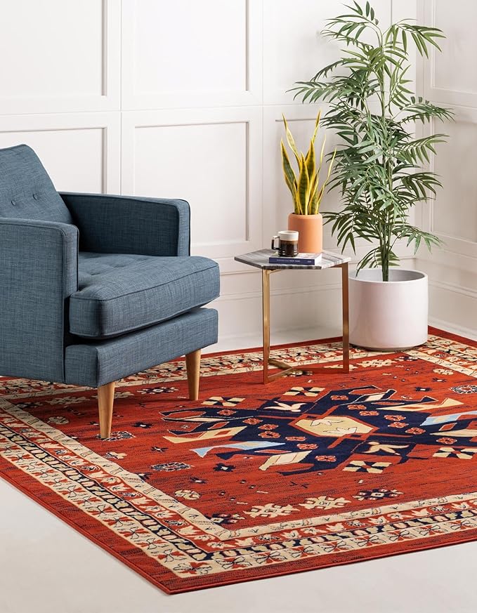 Unique Loom Taftan Collection Border Geometric Tribal Inspired Design Area Rug (8' 0 x 8' 0 Square, Terracotta/ Ivory)