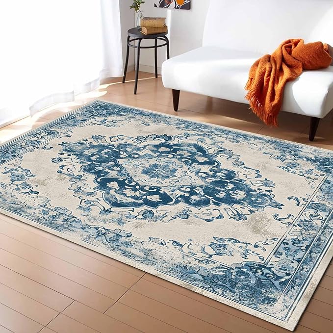 Blue Bohemian Rectangular Area Rugs for Living Room Bedroom 2.8 x 5 ft Vintage Farmhouse Floral Pattern Non-Shedding Soft Low Pile Rug Non Slip Washable Rug for Nursery Entryway Playroom