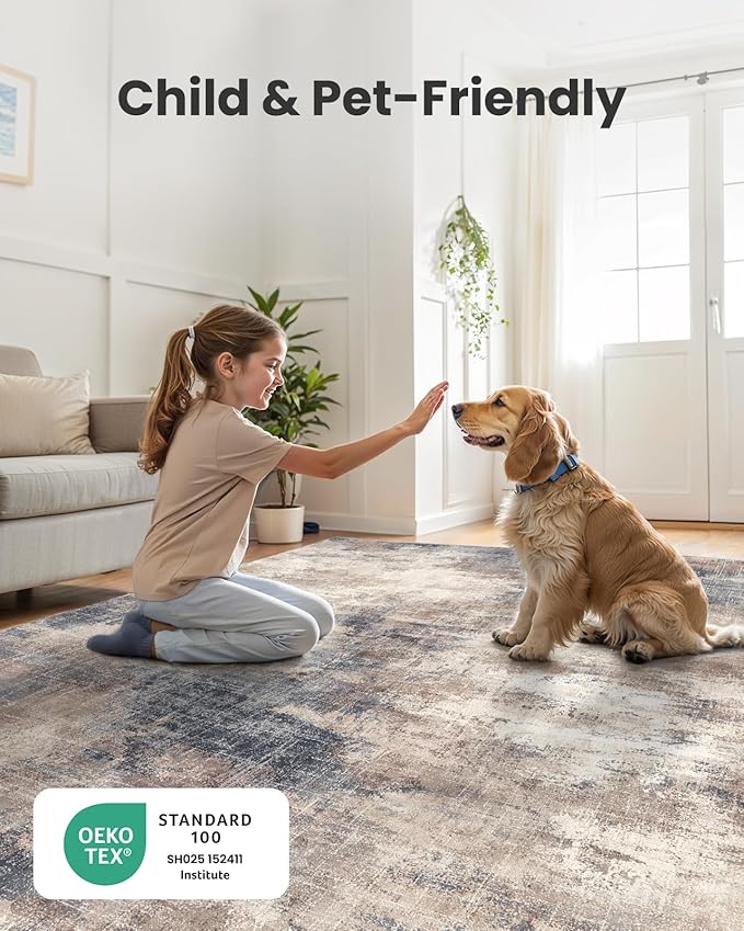 AMADA HOMEFURNISHING 9x12 Area Rugs for Living Room, Modern Large Area Rugs with Non-Slip Backing & Low Pile, Neutral Soft Washable Rug for Nursery, Bedroom, Dinning Room, Playroom, Brown