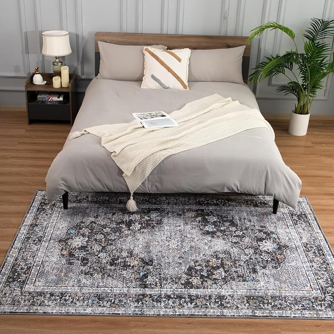 4x6 Washable Rug – Boho Non-Slip Indoor Area Rug for Living Room, Bedroom, Dining Room, Entryway – Charcoal Grey and Ivory with Blue Highlights