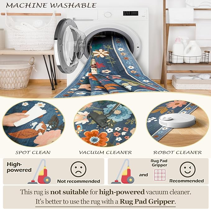 Floral 8ft Area Rug Machine Washable Soft Print Boho Carpet Non Slip Doormat Low Pile Flower Area Rugs for Living Room Bedroom Nursery Kitchen Dining Room Indoor-Blue/Grey