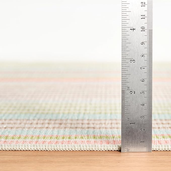 Dash & Albert Ana Ticking Aqua Machine Washable Rug, 7.5 X 9.5 Feet, Multicolored Stripe Pattern