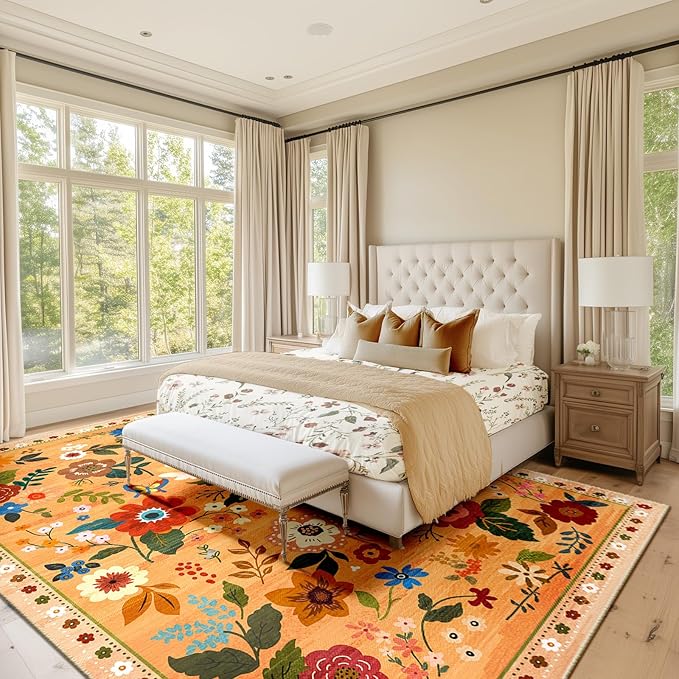 Floral 3x5 Area Rug Machine Washable Soft Print Boho Carpet Non Slip Doormat Low Pile Flower Area Rugs for Living Room Bedroom Nursery Kitchen Dining Room Indoor-Yellow/Orange