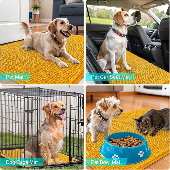 OLANLY Dog Door Mat for Muddy Paws 44x24, Absorbs Moisture and Dirt, Absorbent Non-Slip Washable Doormat, Quick Dry Chenille Mud Mat, Entry Indoor Entryway Carpet for Inside Floor, Golden Yellow