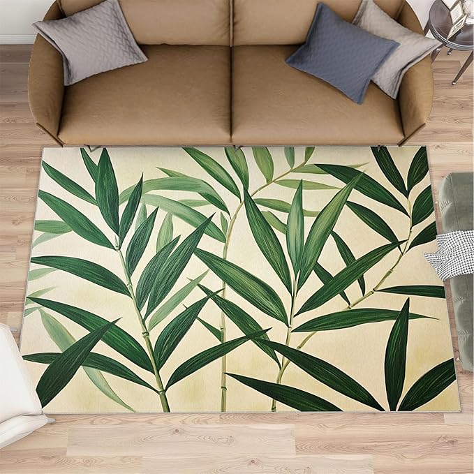 4x6 Bamboo Leaves Cafe Rug - Realistic Botanical Art Rugs for Bedroom Aesthetic, Minimalist Leaves Soft Comfortable Non-Slip for Offie Bedroom Study Boy Girl Room Hotel Dorm