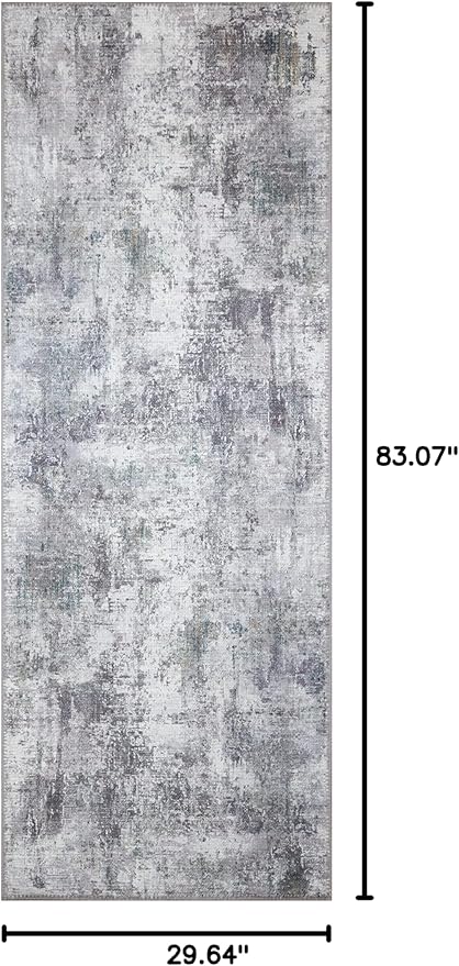 GLN Rugs Contemporary Collection - Machine Washable Area Rug, Contemporary Washable, Non Slip, Low Pile Chenille Rug, Living Room, Bedroom, Kitchen Rug (2'6" x 7' Grey/Green)