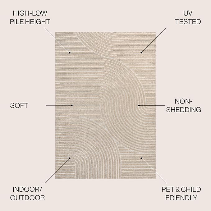 JONATHAN Y Hallie High-Low Curve Beige/Cream 5x8 Indoor/Outdoor Area Rug, Minimalist Geometric, Pet Friendly, for Patio, Backyard, Living Room, Bedroom, Office, Hose-Washable (SCN100D-5)