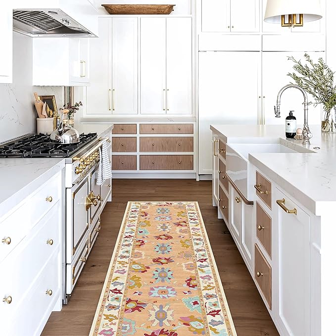 Fame Living Orange Oushak Runner Rug, Modern Runners, Turkish, Eclectic, Floral, Pastel, Washable, Small Throw Rugs, Short Runner for Hallway, Entryway, Laundry, Bedroom, Kitchen, Bathroom, 2'5"x6'5"