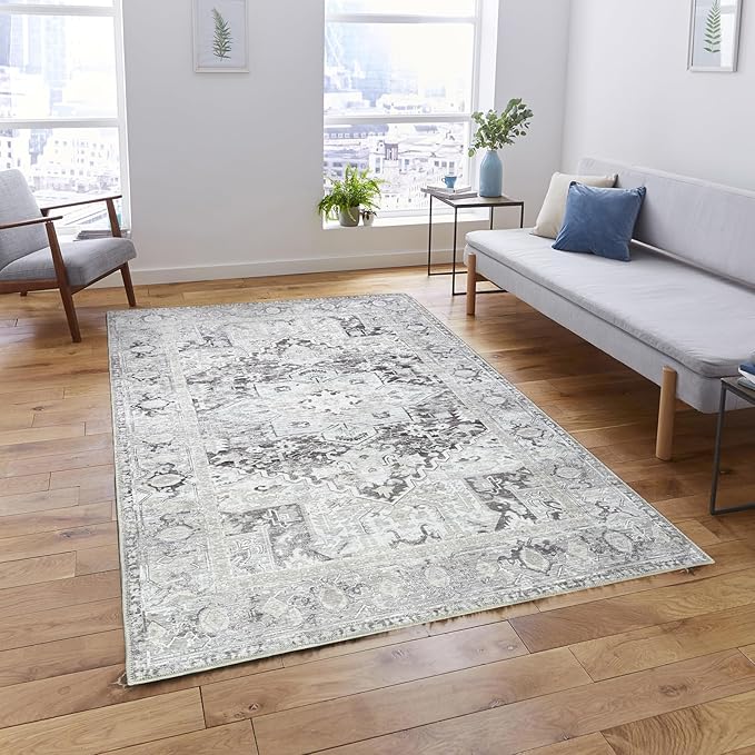 Fame Living Faded Oushak Rug, Turkish Vintage Floral Pastel Large Oversized Area Rugs for Living Room Dining Bedroom Kitchen Bathroom Nursery (848CrNv, 2' x 3')