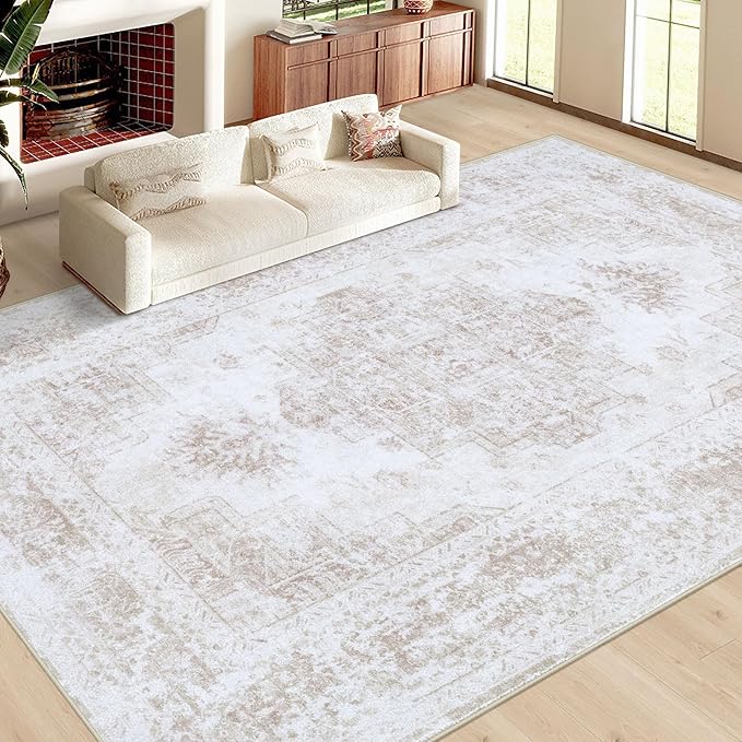 Area Rug 9x12 Living Room Rug, Machine Washable Vintage Distressed Medallion Rug Non-Slip Soft Low Pile Large Indoor Rugs for Bedroom Kitchen Dining Room Office(Beige,9'x12')