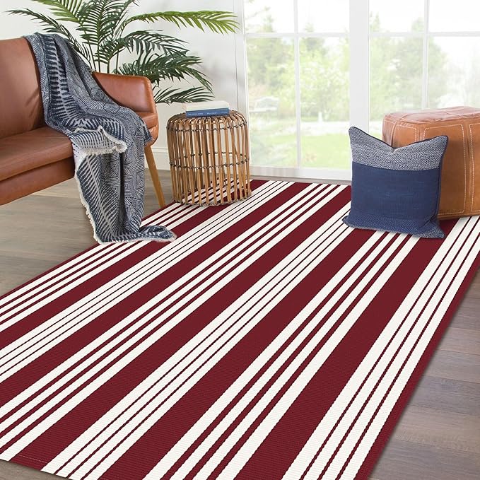 KOZYFLY Striped Outdoor Rug 4x6 Ft Red and White Christmas Front Door Rug Woven Area Rug Washable Indoor Cotton Rugs for Living Room Kitchen Entryway Patio Front Porch Holiday Decor