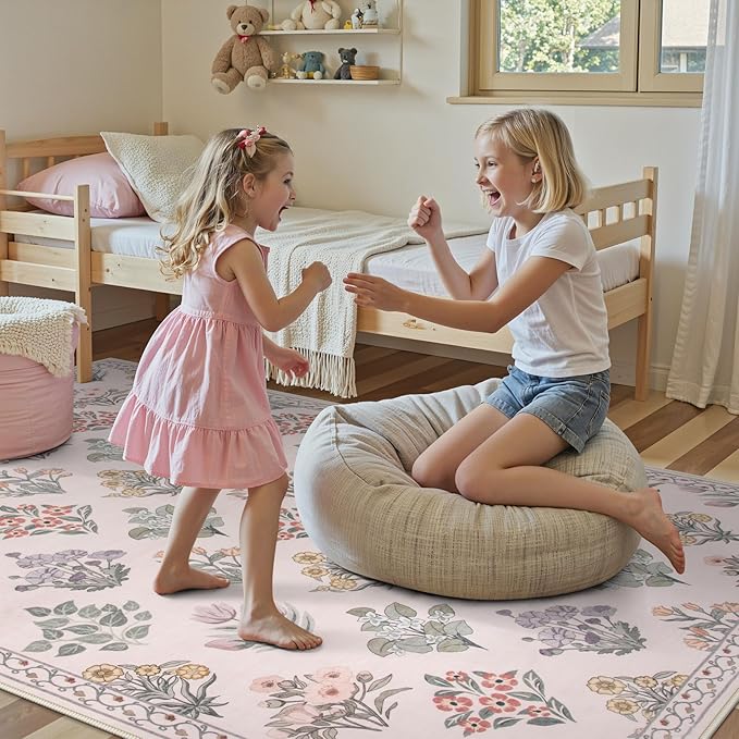 Wonnitar Pink Rugs for Bedroom Girls Nursery, Floral Print 5x7 Washable Rug, Boho Ultra-Thin Non Slip Soft Cozy Carpet for Room Decor Kids Playroom Office Living Room, Pale Pink