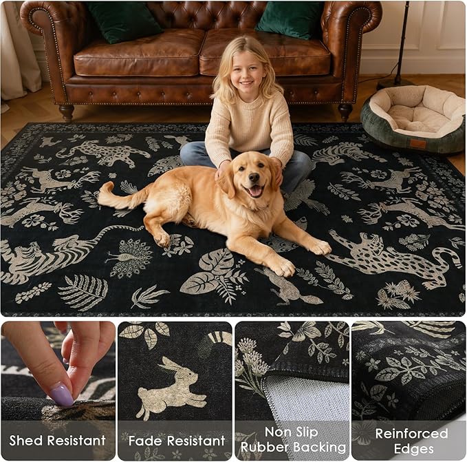 Moynesa Vintage Animal Washable Area Rugs 5x7, Retro Black Gold Area Rug for Bedroom Living Room Dining Room Office Study, Low Pile Soft Non-Slip Lightweight Carpets for Home Decor