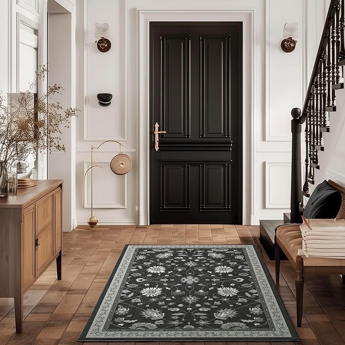 EVERGRACE Area Rugs for Living Room 3x5, Boho Floral Faux Wool Indoor Outdoor Rugs, Washable Rugs for Bedroom Entryway Dining Room Hallyway, Low Pile Floor Mat Carpet for Home Decor, Ebony Black