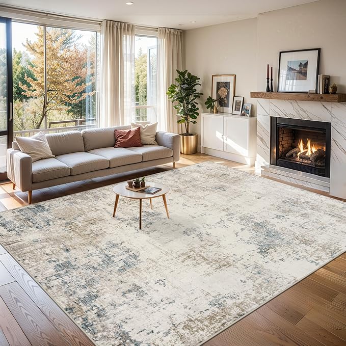 Area Rugs 10x14 Living Room - Washable Rug Modern Abstract Soft Large Neutral Non-Slip Carpet Indoor Floor Thin Carpets for Bedroom Dining Room Farmhouse Nursery Home Office Multi