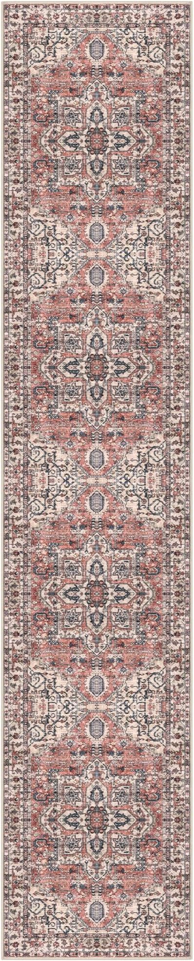 KOZYFLY Long Runners for Hallways 2x10 Ft Washable Kitchen Runner Rug Boho Style Entryway Rug Indoor Printed Faux Wool Stair Runner Carpet for Stairs Bedroom Kitchen Hall, Terracotta/Beige