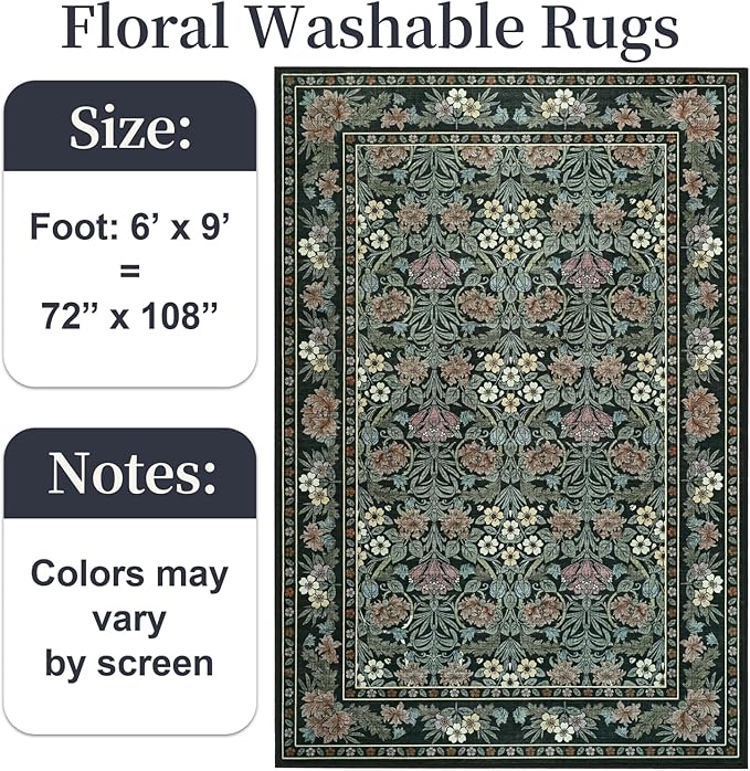 6x9 Black and Green Floral Area Rug for Living Room, Washable Non Slip Rugs for Bedroom Non Slip, Low Pile Large Indoor Accent Carpet for Office, Dining Room, Farmhouse