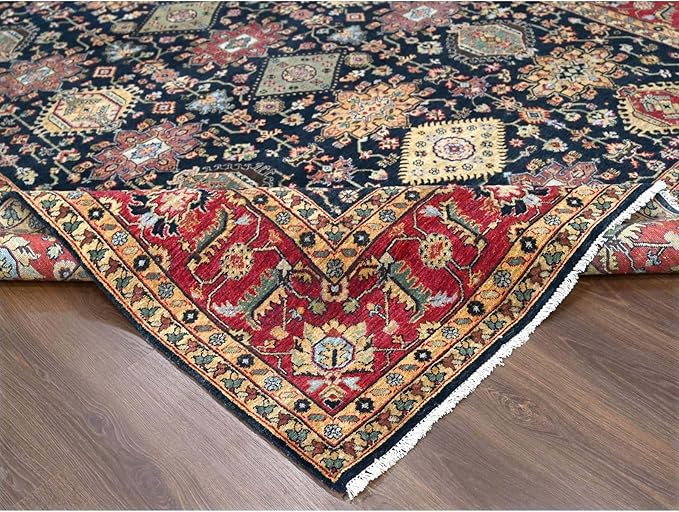 Carbon Black with Turkey Red Karjihooz Design with All Over Pattern Vegetable Dyes Pure Wool Soft Pile Hand Knotted Oriental Rug (9'x12')