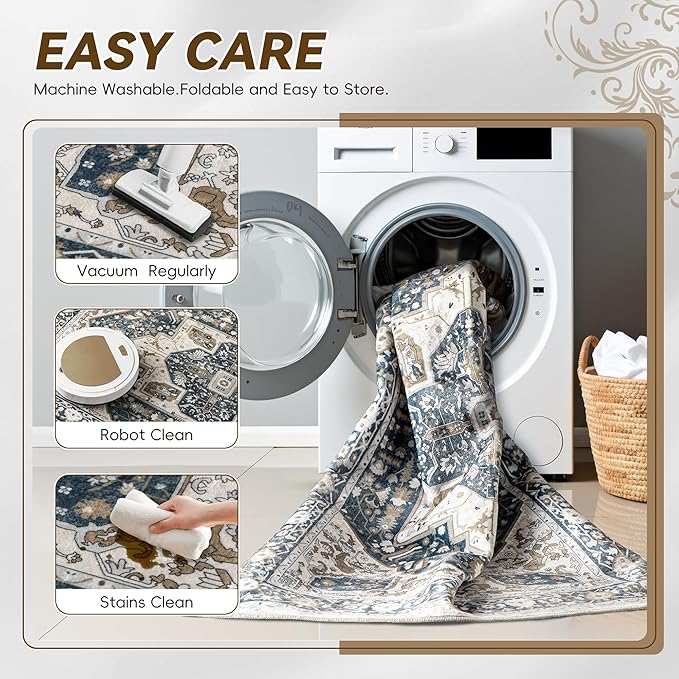 EnHomee 5x7 Area Rugs Washable for Bedroom, Boho Vintage Rugs, Foldable Area Rug for Dining Room, Non-Slip Soft Living Room Rug, Low Pile Large Carpet for Bathroom, Blue and Brown