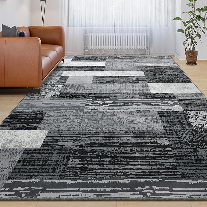 Large Area Rugs,Modern Geometric Patchwork Floor Decor for Bedroom Aesthetic Carpet, Rockwood Collection, Indoor Rugs for Living Room, Dining Room, Nursery, Office, Machine Washable Rug,9x12 Ft Grey