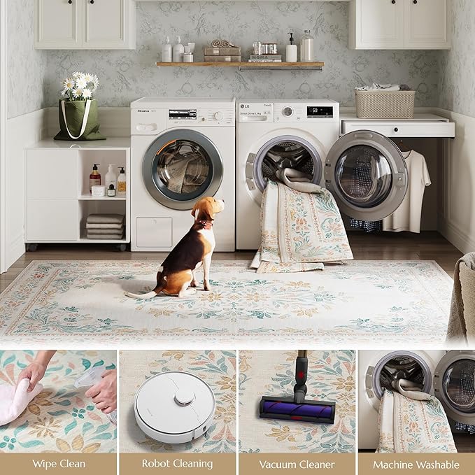 jinchan Floral 5x7 Area Rugs for Nursery - Machine Washable Vintage Distressed Design Soft Ultra-Thin Low-Pile Non-Slip Kids Carpet for Bedroom Living Room Dining Room Home Office (5x7ft, Apricot)