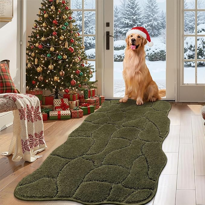 Large Dog Door Mat for Muddy Paws, 24x59 Absorbent Dirt Trapper Long Door Mat, Non-Slip Washable Mud Mat for Dogs, Polyester Microfiber Soft Pet Rug Mat for Entryway, Mud Dog Paws, Patio (Olive Green)