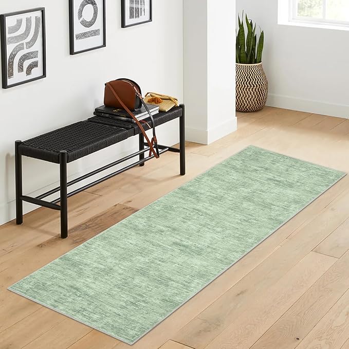 RUGSREAL Hallway Runner Rug 2.5x10 Long Kitchen Rug with Rubber Backing Low Pile Stain Resistant Entryway Carpet Washable Modern Solid Color Runner for Living Room Bedroom, Green