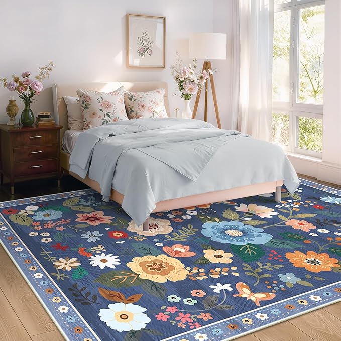Floral 5x7 Area Rug Machine Washable Soft Print Boho Carpet Non Slip Doormat Low Pile Flower Area Rugs for Living Room Bedroom Nursery Kitchen Dining Room Indoor-Blue/Grey