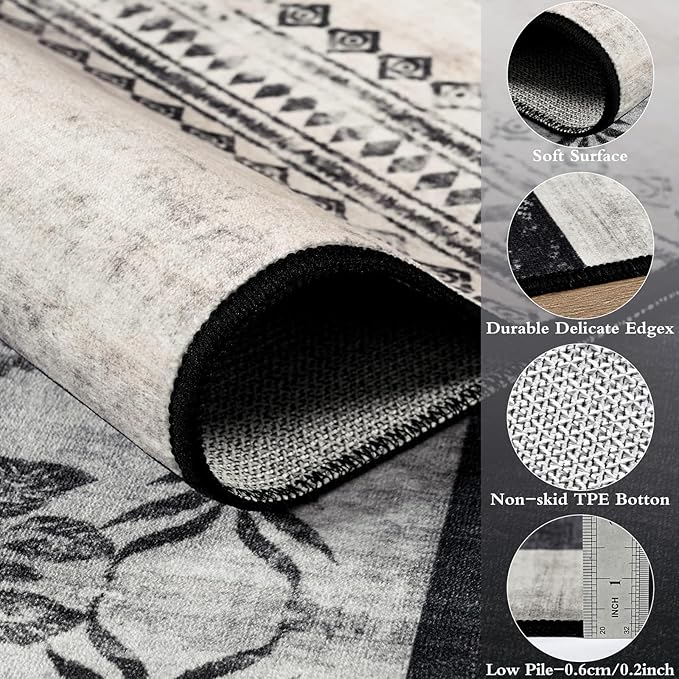 DweIke Washable Area Rugs for Living Room, 5x7 Soft Bedroom Rugs, Geometric Print Non-Slip Modern Rug, Stain Resistant Throw Carpets for Office Nursery Dining Room Home Dorm Decor, Black and White