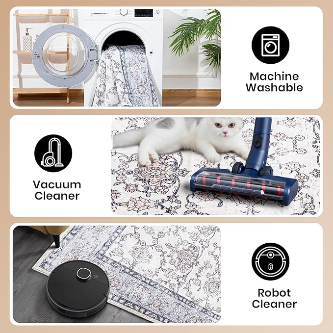 4x6 Washable Area Rug – Dusty Lavender & Gray Vintage Carpet with Charcoal Border, Watercolor Floral and Foliage Pattern, Boho Chic Non-Slip Indoor Rug for Bedroom, Living Room, Dining Room, Entryway