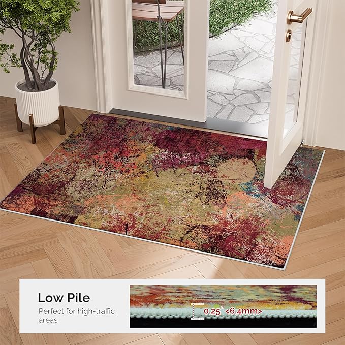 Arbosofe Modern Abstract Area Rug 2'x3' Washable Small Entry Rug, Short Pile with Non-Slip Backing Throw Rugs, Foldable Kitchen Bathroom Rugs, Small Rug with Abstract Pattern for Entryway Red Orange