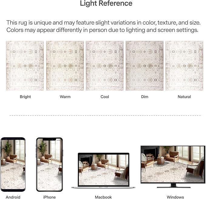 ReaLife Rugs Machine Washable Area Rug - Living Room Bedroom Bathroom Kitchen Entryway Office - Padded Low Pile Stain Resistant Premium - Boho Farmhouse Vintage - BEV - Beige 7'6" x 9'6"