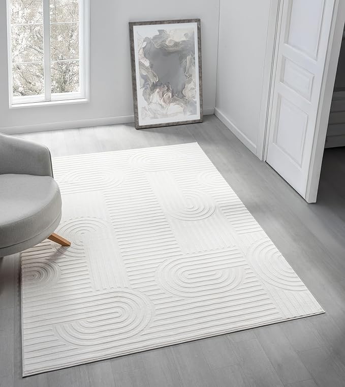 Annabel Modern Geometric Area Rug for Living Room, 4x6 Contemporary Arched Linear Cream Neutral Rug, Stain Resistant Non-Shedding Carpet for Bedroom, Dining Room or Kitchen (4' x 6', Cream)