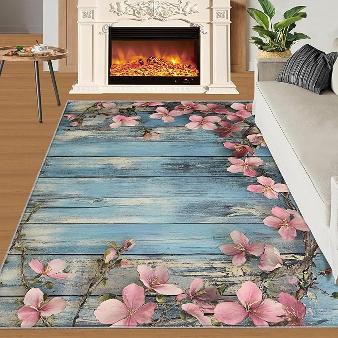5x7 Vines Rugs for Bedroom - Vintage Wood Panels Print Rug, Rural Flowers Rug Non Slip Soft Rugs for Living Room Hardwood Floors Teen Room