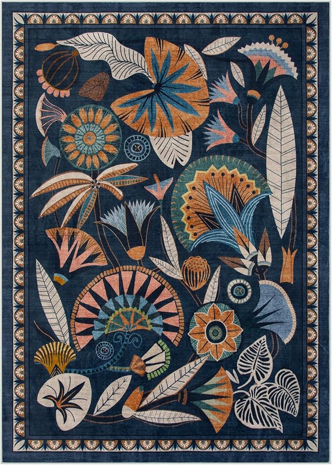 Egypt Floral Washable 5x7 Area Rug for Living Room, Large Boho Bedroom Dining Room Rugs for Under Table, Vintage Non Slip Soft Throw Carpet for Playroom Office Apartment (Dark Blue, 5 x 7)