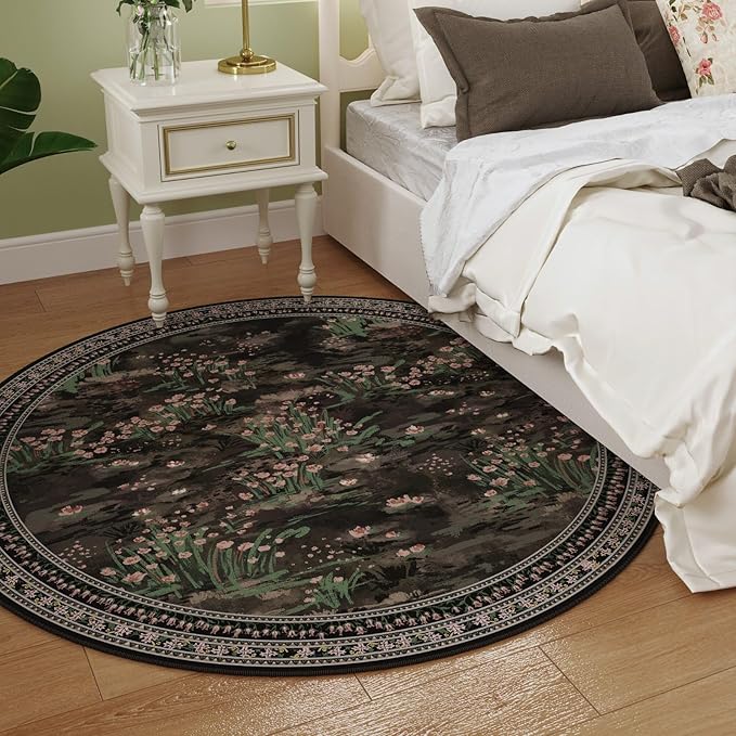 Rugcomf Circle Rug Impressionist-Style Vintage Round Rug 6ft Non Slip Low Pile Small Circular Rug for Bedroom Bathroom Entryway Kids Room Office College Dorm, Black