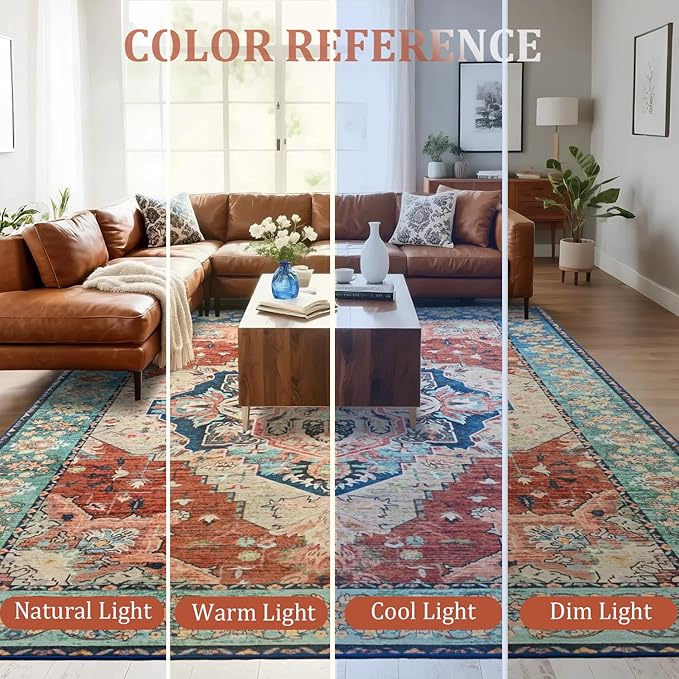 Large Area Rugs 8x10, Low Pile Washable Rugs, Soft Vintage Distressed Rugs for Living Room Bedroom, Office, Dining Room, Water Repellent & Non Shedding, Terracotta