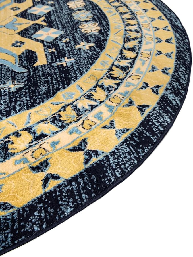Unique Loom Taftan Collection Border Geometric Tribal Inspired Design Area Rug (8' 0 x 8' 0 Round, Navy Blue/ Gold)