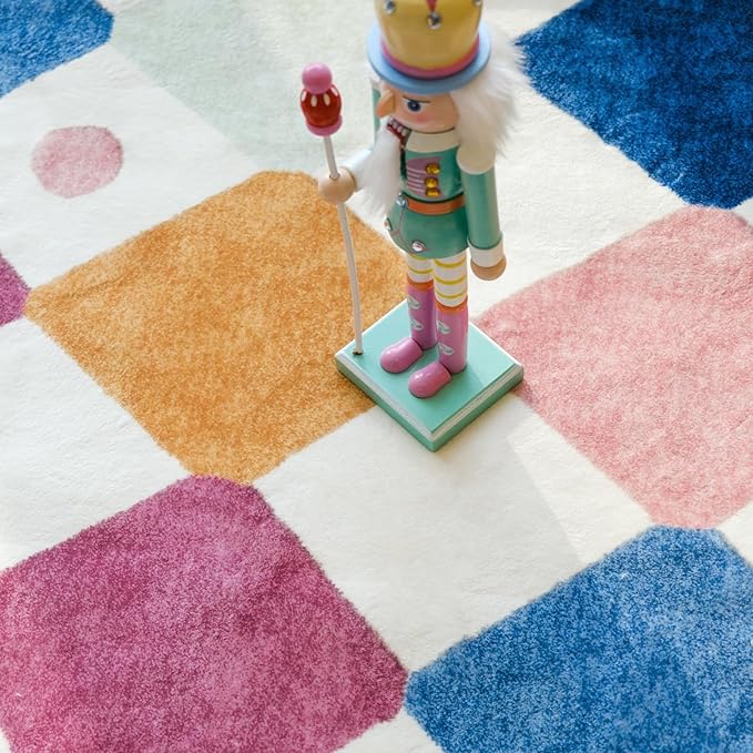 jinchan Macy Area Rug 4x6 Kids Washable Indoor Floor Cover Non-Slip Modern Soft Rug Elementary School Classroom Colorful Diamond Carpet for Nursery Playroom Daycare Living Room Berries on Cream