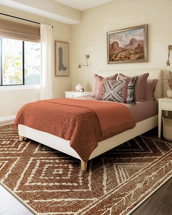 Area Rug 8x10 Rug Machine Washable Non-Slip Low Pile Print Pattern Western Rug for Living Room Bedroom Entryway Tribal Series -Yellowbrown/Cream