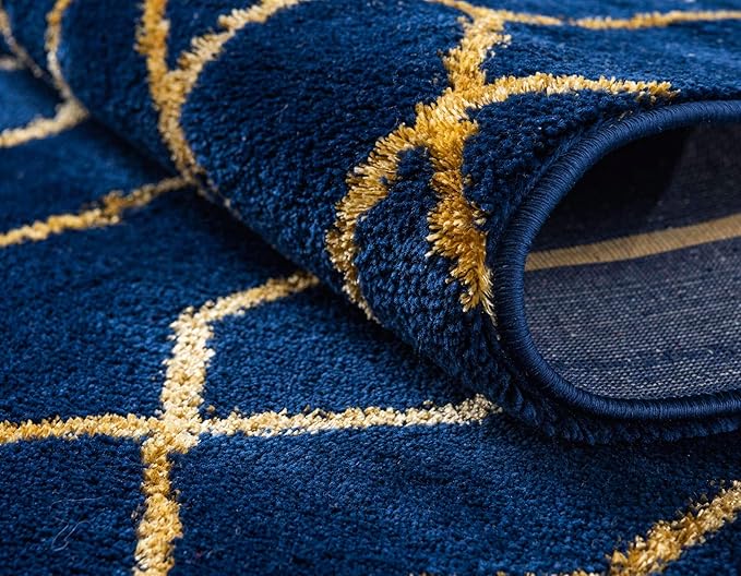 Marilyn Monroe Glam Collection Area Rug - Trellis (2' x 6' 1" Runner, Navy Blue Gold/ Gold)