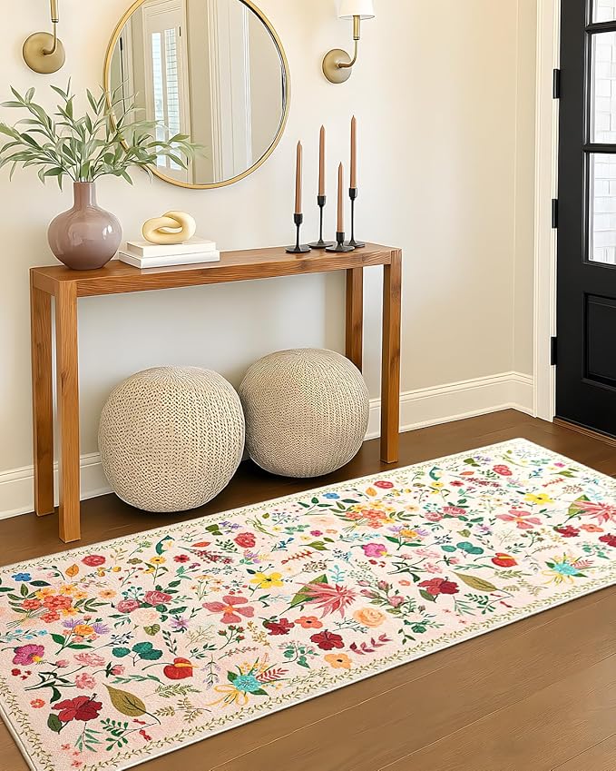 Boho Floral Runner Rug 2x6, Washable Non-Slip Kitchen Rug, Ultra Soft Vintage Carpet for Hallways, Kitchen, Bedroom, Bathroom (Beige)