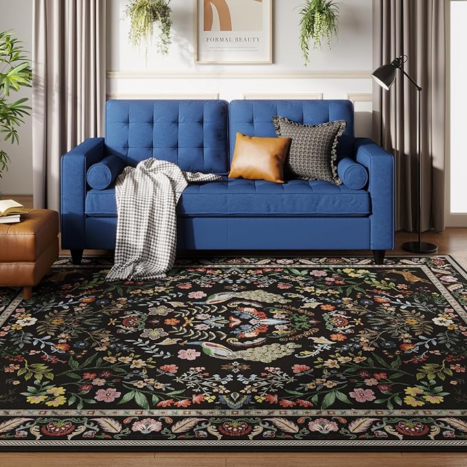 Living Room Rug 6x9 Rug Machine Washable Area Rug Floral Non-Slip Low Pile Large Rug for Living Room, Bedroom, Farmhouse, Dining Room, Kids Playroom (Vibrant Black)