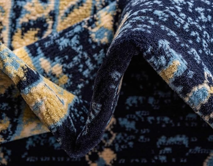 Unique Loom Taftan Collection Border Geometric Tribal Inspired Design Area Rug (8' 0 x 8' 0 Square, Navy Blue/ Gold)