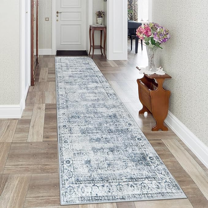 Morebes Vintage 2x10 Runner Rug for Hallway Non Slip,Washable Long Kitchen Rugs Runners,Soft Distressed Non-Shedding Carpet Runner Rug for Entryway Indoor Foyer Playroom,Blue-Gray