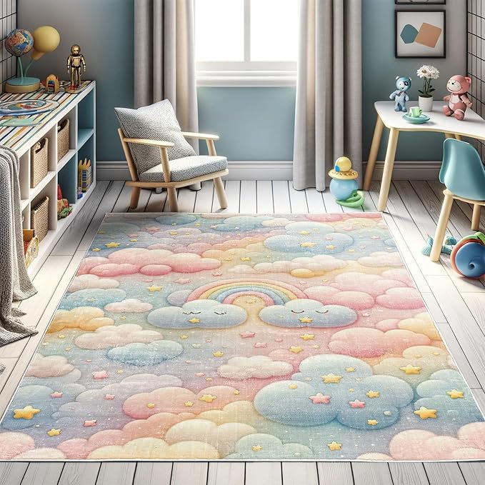 Ambesonne Cartoon Sky Decorative Rug, Dreamy Colors Celestial Atmosphere with Starry Kawaii Clouds Rainbow, Quality Carpet for Bedroom Dorm and Living Room, 2' 2" x 3' 7", Blush Mustard Blue