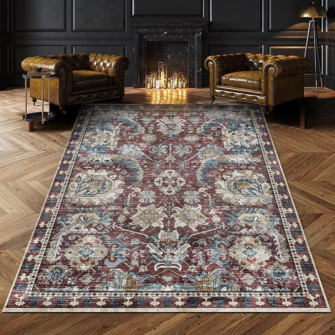 RUGSURE Washable Area Rugs - Perfect for Living Room, Bedroom, Kids Room, Nursery - Stain & Water Resistant Non-Slip, Pet & Child Friendly, Vintage Tribal Area Rugs (Rust and Blue, 5' x 7')