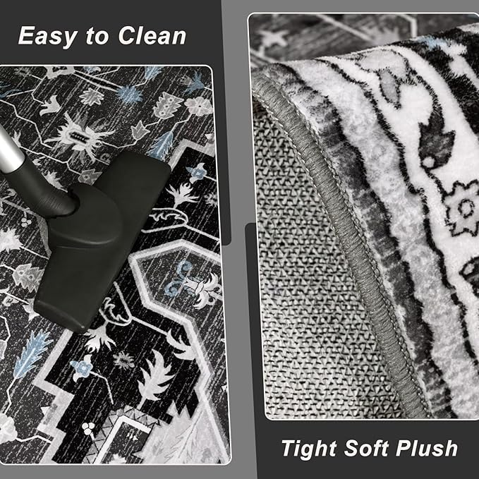 3x5 Black Grey Area Rug for Living Room, Machine Washable Rugs with Non-Slip Backing for Bedroom, Vintage Medallion Carpet Kitchen Laundry Kids Room Decor
