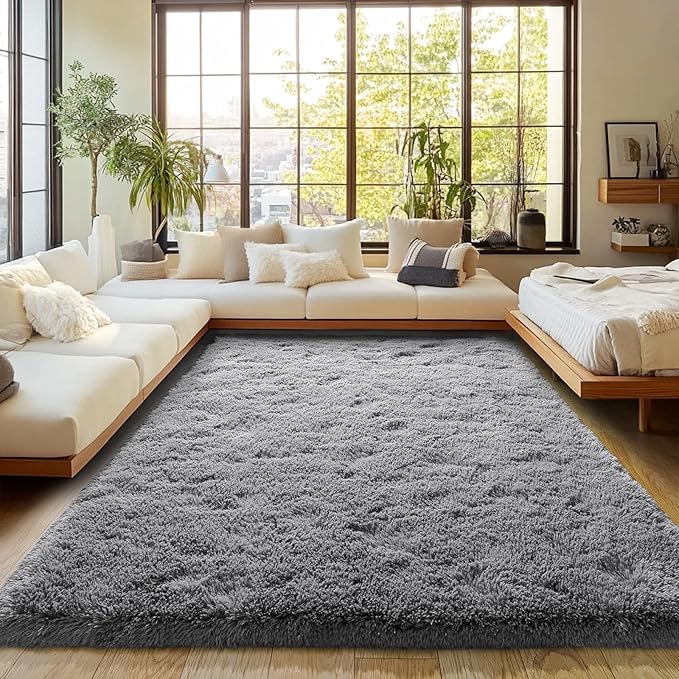 Dark Gray Fluffy Rug Plush Carpet for Bedroom Dorm, Non-Slip High Pile Rug, Shag Rug for Playroom Nursery Home Office Decor 5X7Ft